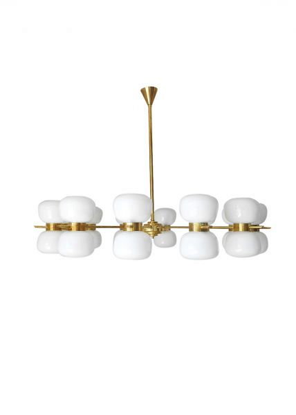 Murano Double White Glass Shades and Brass Chandelier